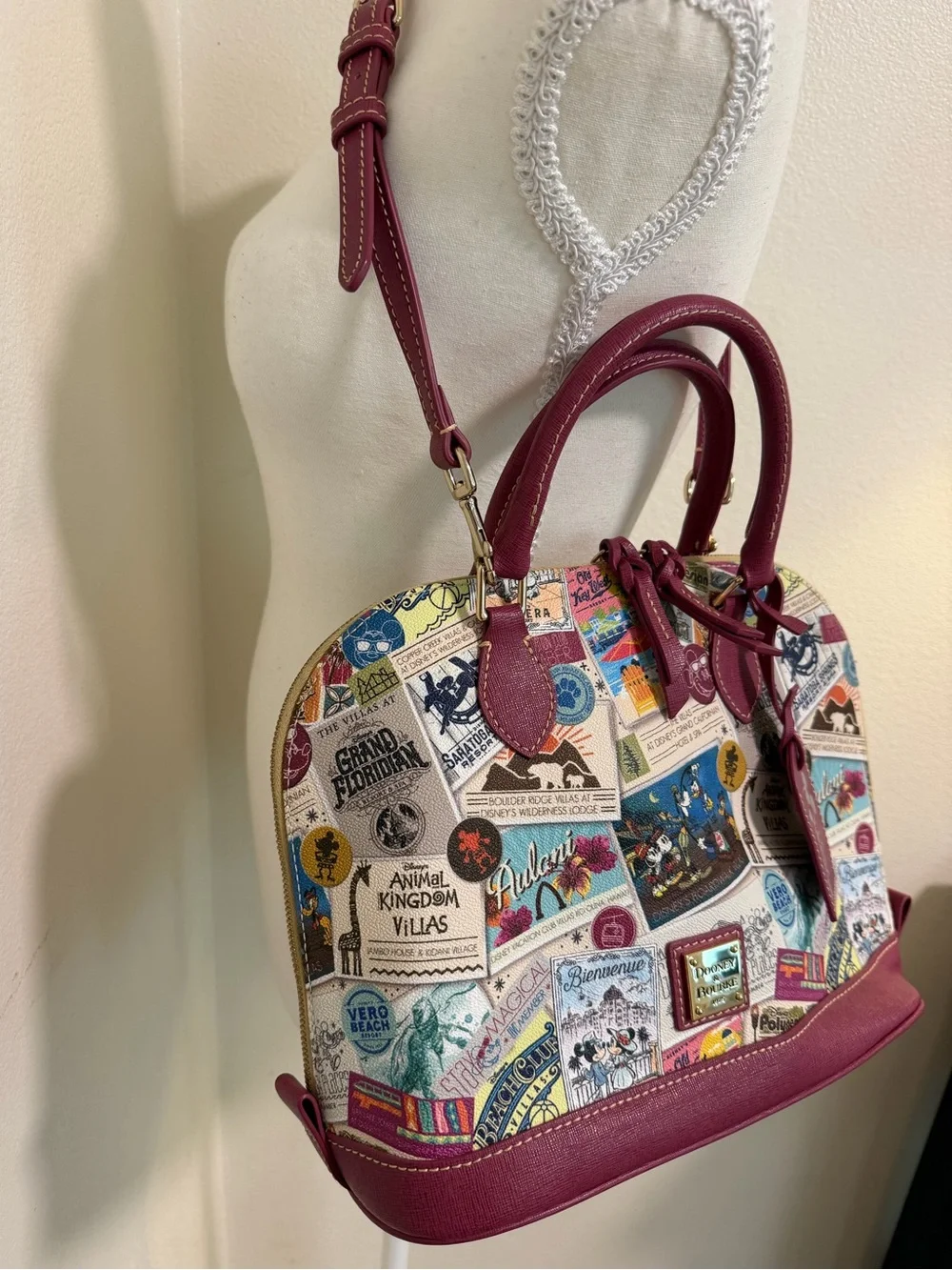 Dooney & Bourke Multicolor Disney Vacation Club Dome Satchel Burgundy Trim Purse